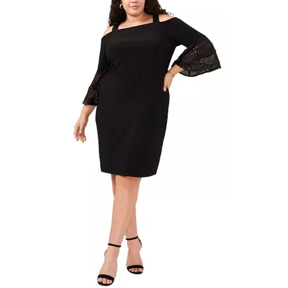 MSK Dress Size 1X Sequined Cold Shoulder Shift Bell Sleeve Knee Length NEW